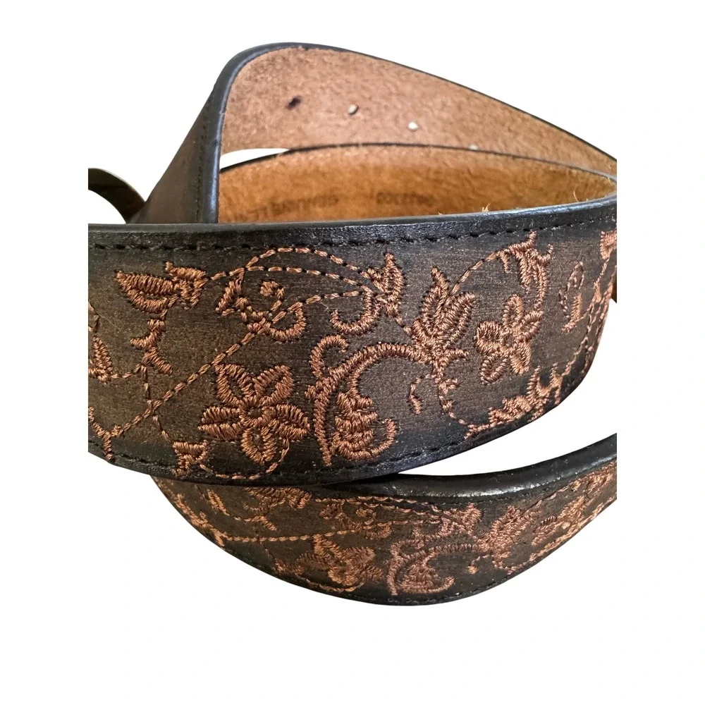 Genuine Leather Floral Embroidered Western‎ Belt Brown Bronze Buckle Size S boho